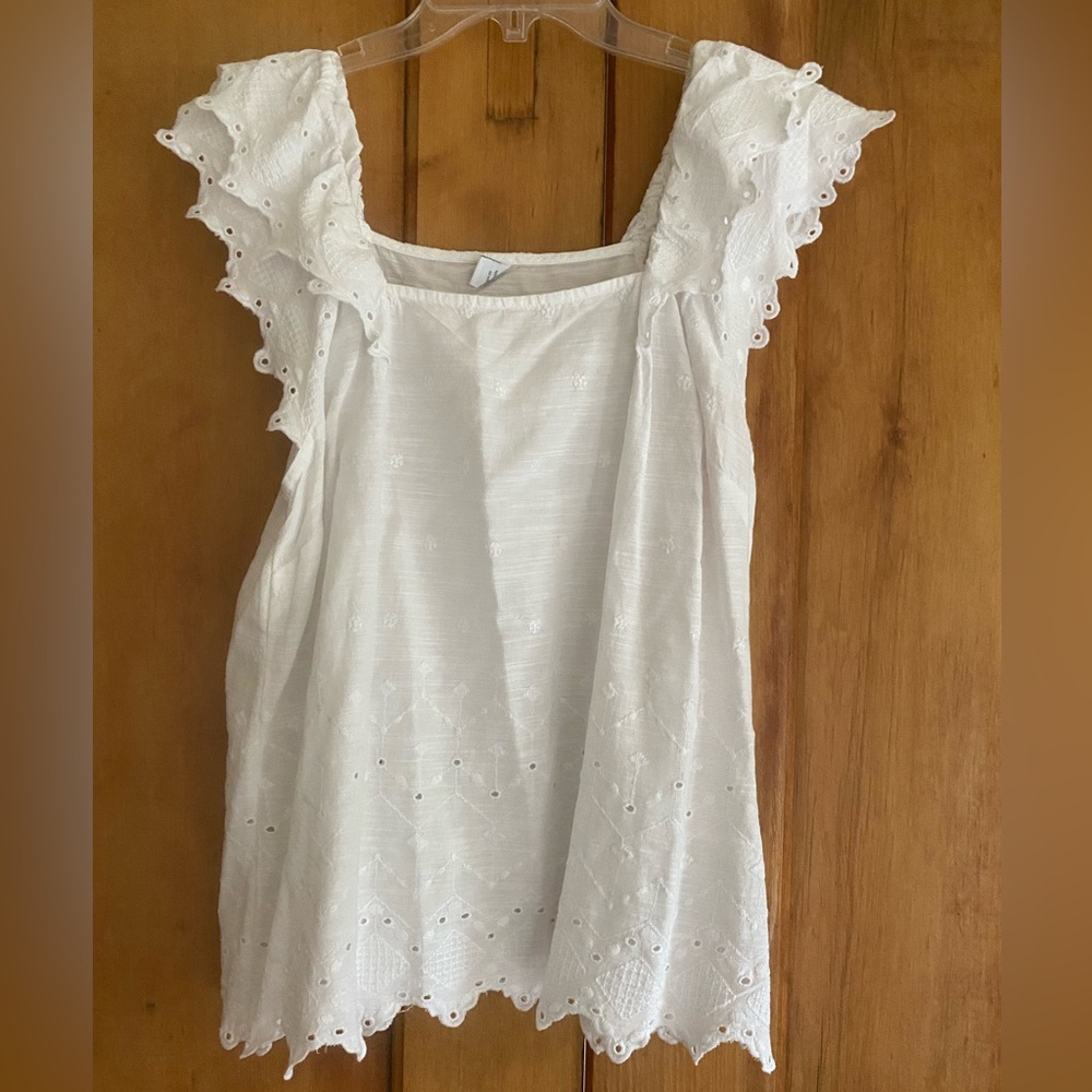 White eyelet top with eyelet cap sleeves